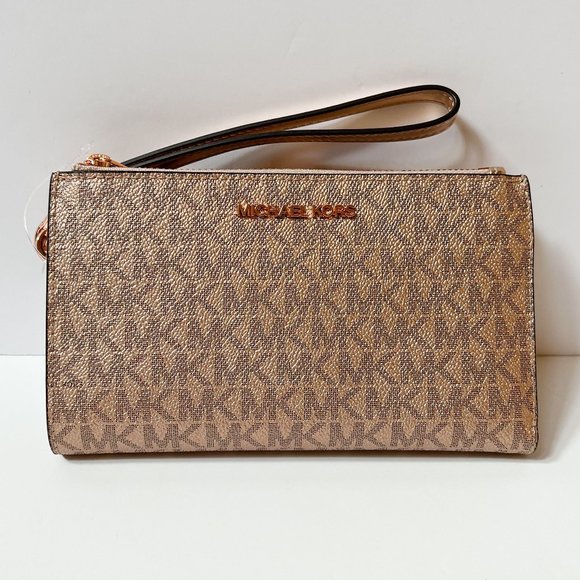 Michael Kors Jet Set Travel Large Double Zip Wristlet PVC Leather MK Rose Gold